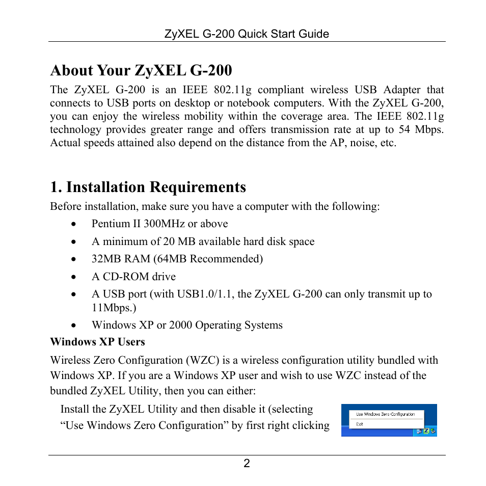 About your zyxel g-200, Installation requirements | ZyXEL Communications 802.11g Wireless USB Adapter ZyXEL G-200 User Manual | Page 3 / 11