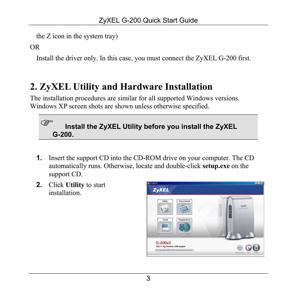 Zyxel utility and hardware installation | ZyXEL Communications 802.11g Wireless USB Adapter ZyXEL G-200 User Manual | Page 4 / 11