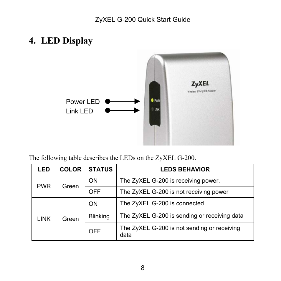 Led display | ZyXEL Communications 802.11g Wireless USB Adapter ZyXEL G-200 User Manual | Page 9 / 11
