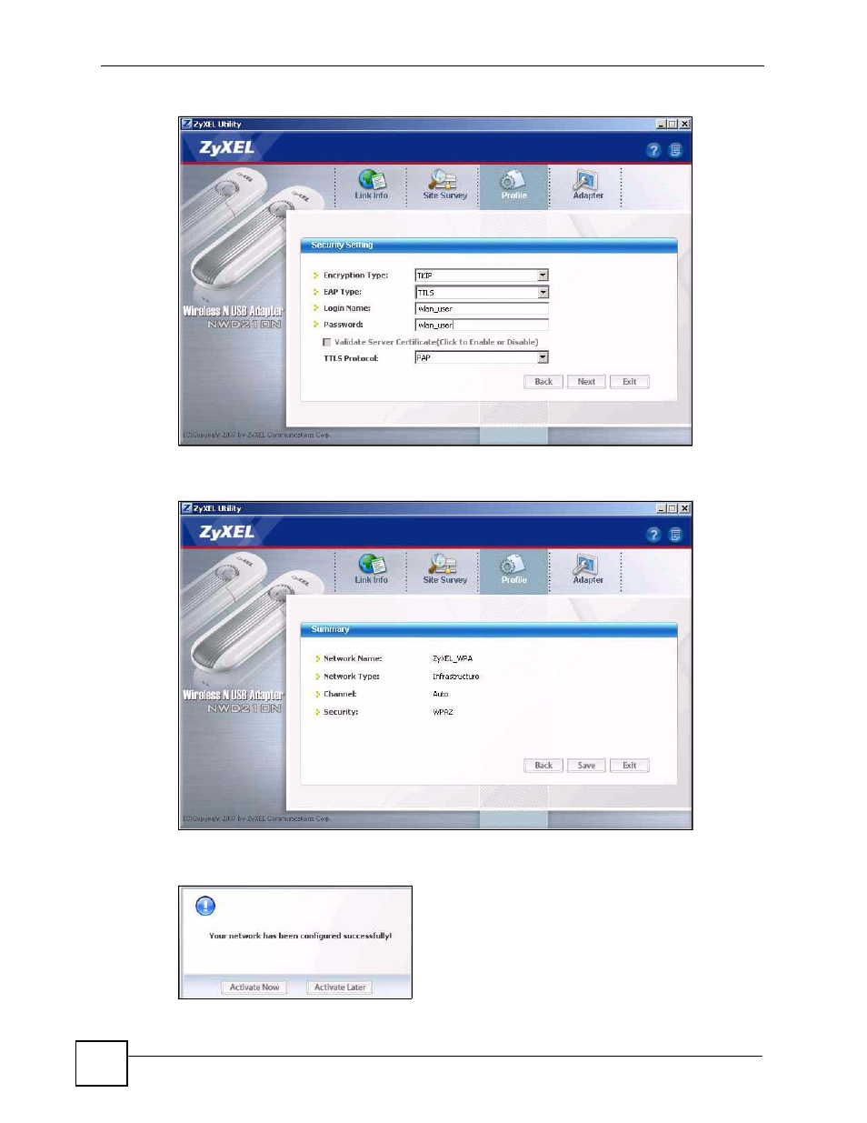 Figure 61 zyxel wireless client > profile: save | ZyXEL Communications 200 Series User Manual | Page 136 / 902