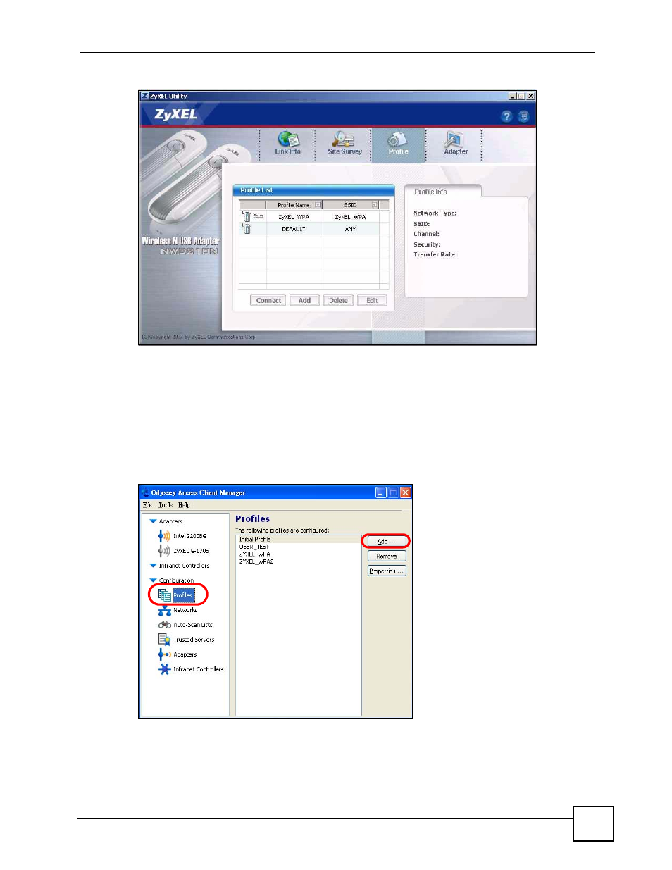 Figure 64 odyssey access client manager > profiles | ZyXEL Communications 200 Series User Manual | Page 137 / 902