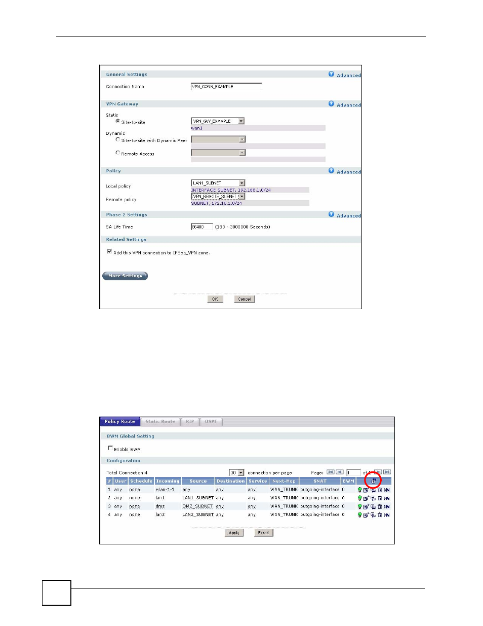 Figure 81 vpn > ipsec vpn > vpn connection > add, Figure 82 network > routing > policy route | ZyXEL Communications 200 Series User Manual | Page 146 / 902