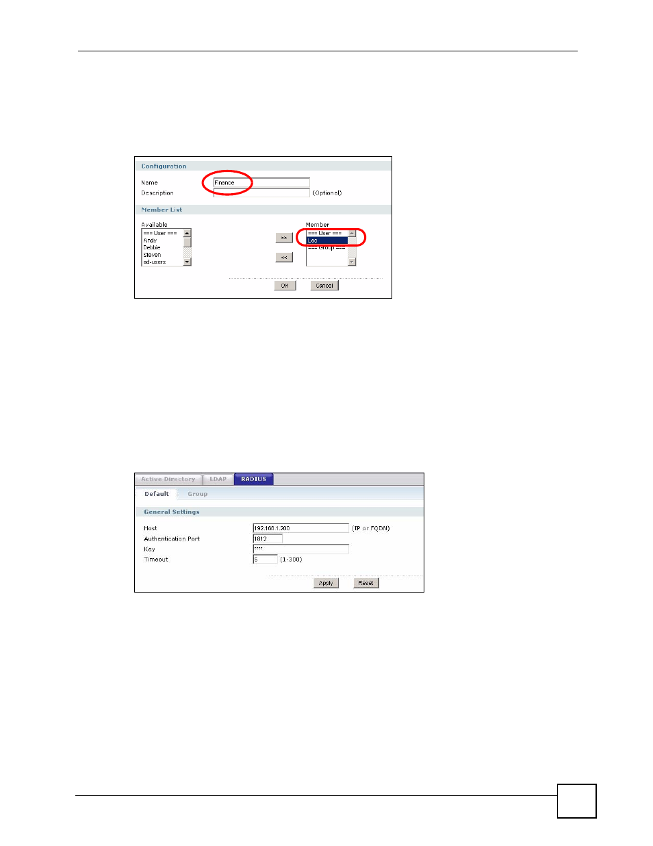 Figure 85 object > user/group > group > add, Figure 86 object > aaa server > radius > default | ZyXEL Communications 200 Series User Manual | Page 149 / 902