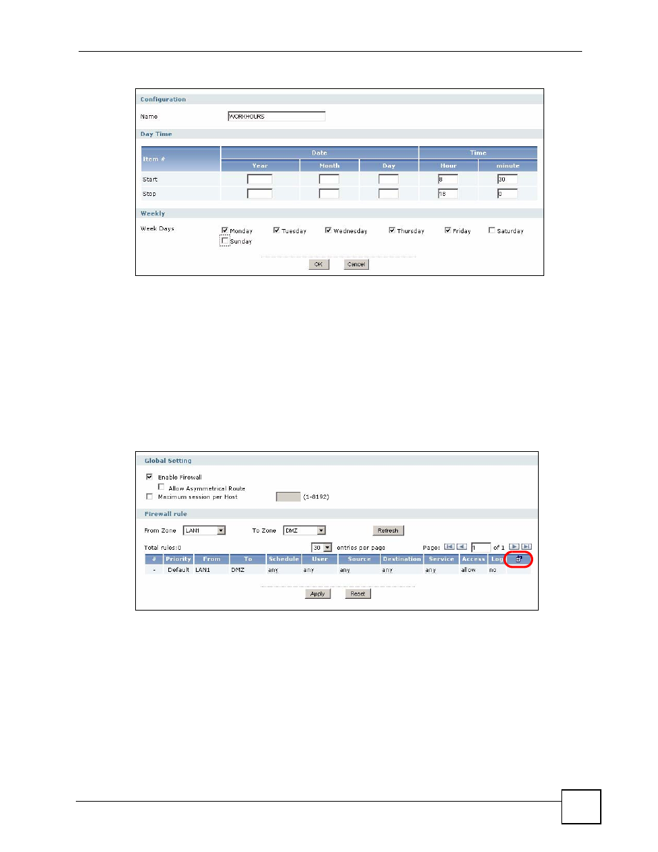 6 how to set up firewall rules, Figure 95 object > schedule > add (recurring), Figure 96 firewall > lan1 to dmz > edit | ZyXEL Communications 200 Series User Manual | Page 153 / 902