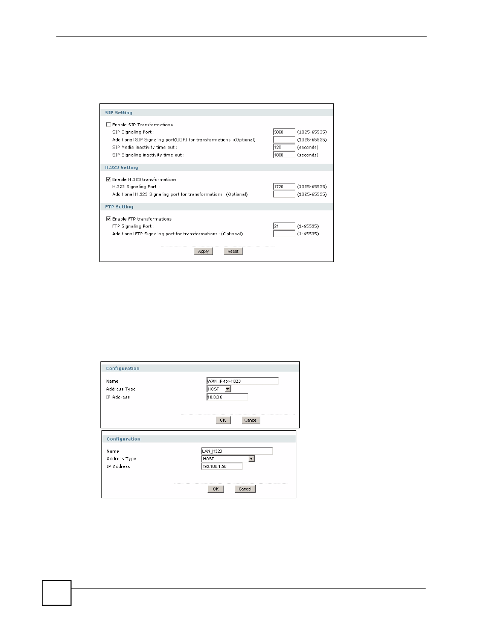 1 how to turn on the alg, 2 how to set up a virtual server policy for h.323, Figure 108 network > alg | Figure 109 create address objects | ZyXEL Communications 200 Series User Manual | Page 160 / 902