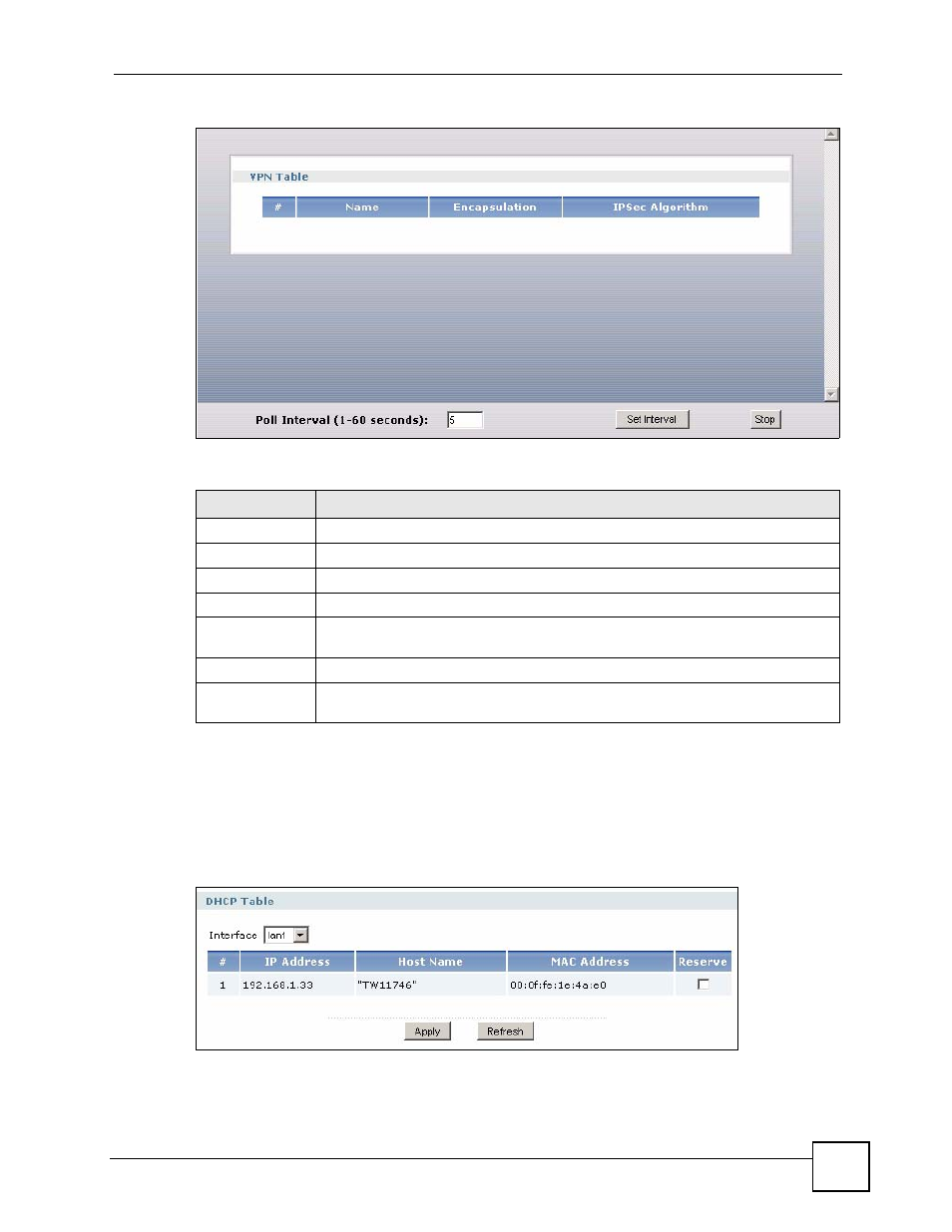 5 the dhcp table screen, Figure 131 status > vpn status, Figure 132 status > dhcp table | Table 36 status > vpn status, Section | ZyXEL Communications 200 Series User Manual | Page 179 / 902
