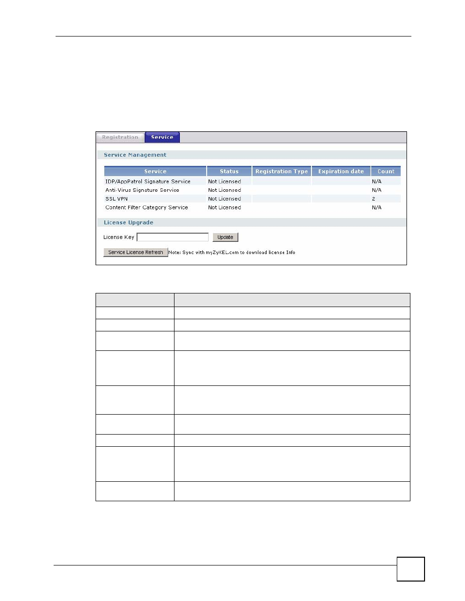 3 the service screen, Figure 139 licensing > registration > service, Table 43 licensing > registration > service | ZyXEL Communications 200 Series User Manual | Page 189 / 902