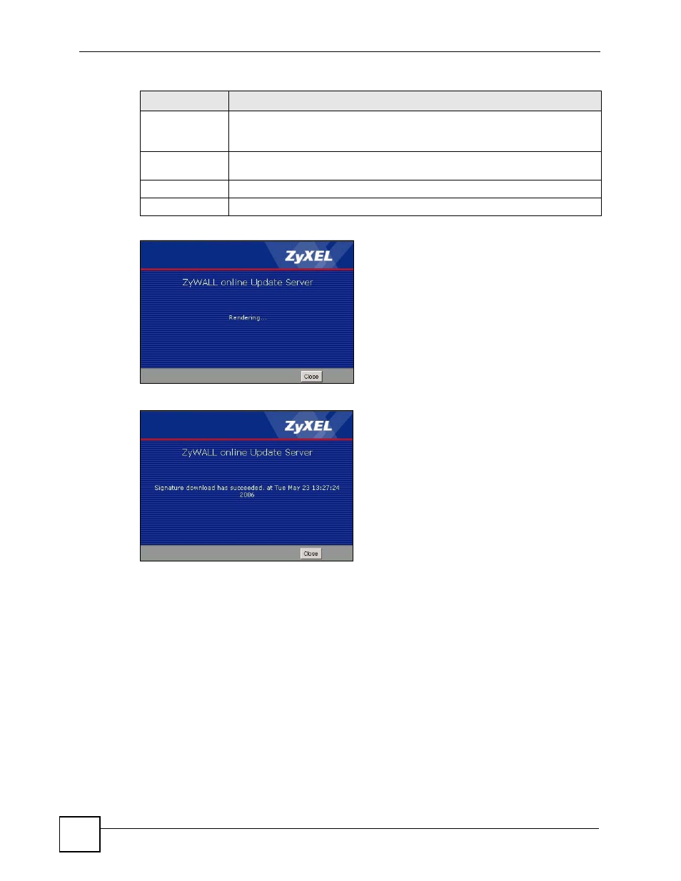 4 the system protect update screen, Figure 142 downloading idp signatures, Figure 143 successful idp signature download | ZyXEL Communications 200 Series User Manual | Page 194 / 902