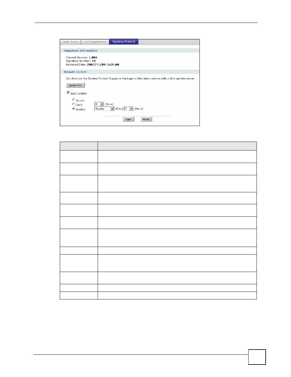 Figure 144 licensing > update > system protect, Table 45 licensing > update > system protect | ZyXEL Communications 200 Series User Manual | Page 195 / 902
