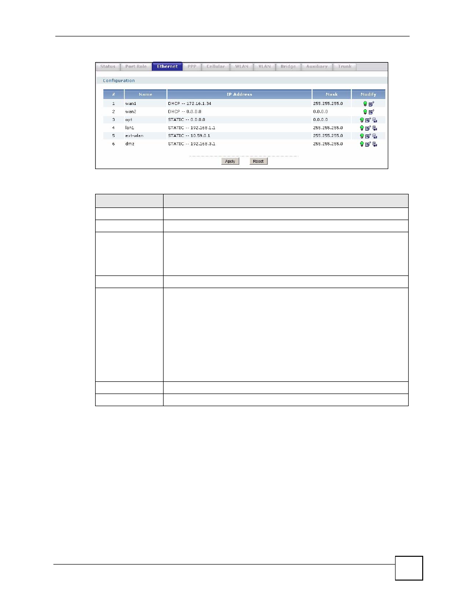 1 the ethernet edit screen, Figure 149 network > interface > ethernet, Table 50 network > interface > ethernet | ZyXEL Communications 200 Series User Manual | Page 207 / 902