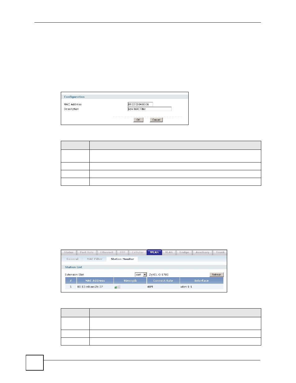 11 wlan interface station monitor screen, Table 72 network > interface > wlan > mac filter | ZyXEL Communications 200 Series User Manual | Page 246 / 902