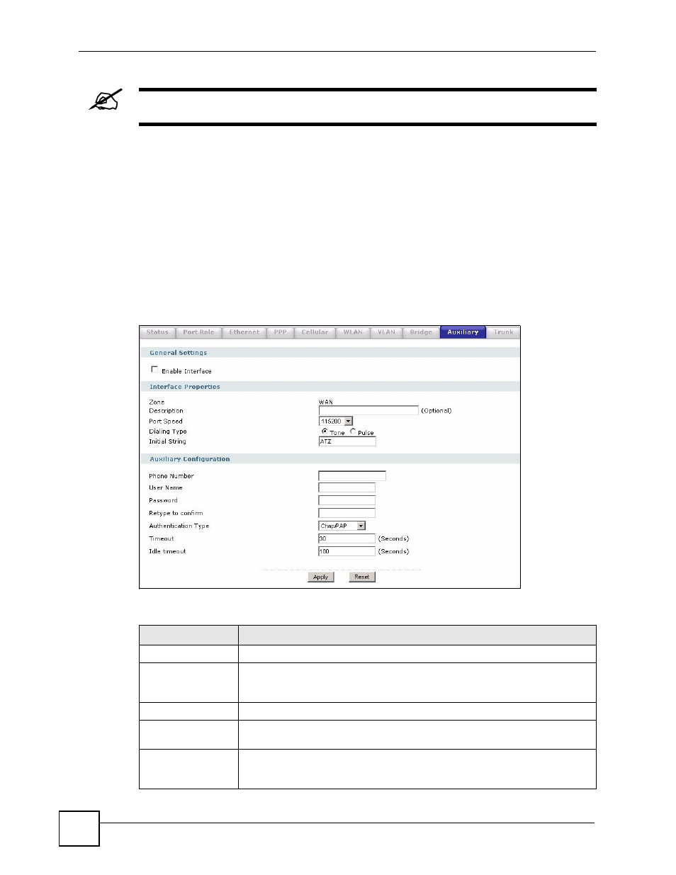 Figure 184 network > interface > auxiliary, Table 81 network > interface > auxiliary | ZyXEL Communications 200 Series User Manual | Page 262 / 902