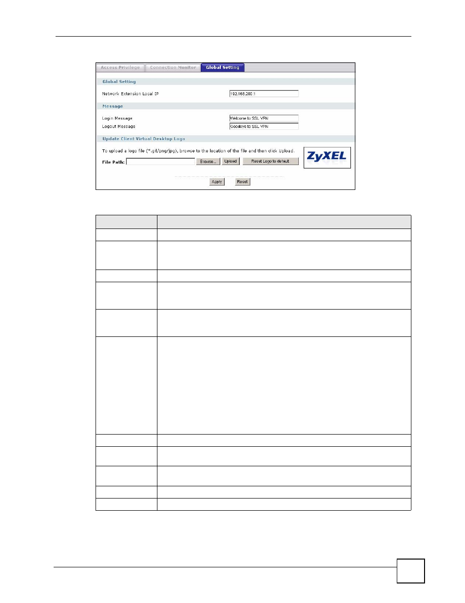 Figure 272 vpn > ssl vpn > global setting, Table 129 vpn > ssl vpn > global setting | ZyXEL Communications 200 Series User Manual | Page 391 / 902