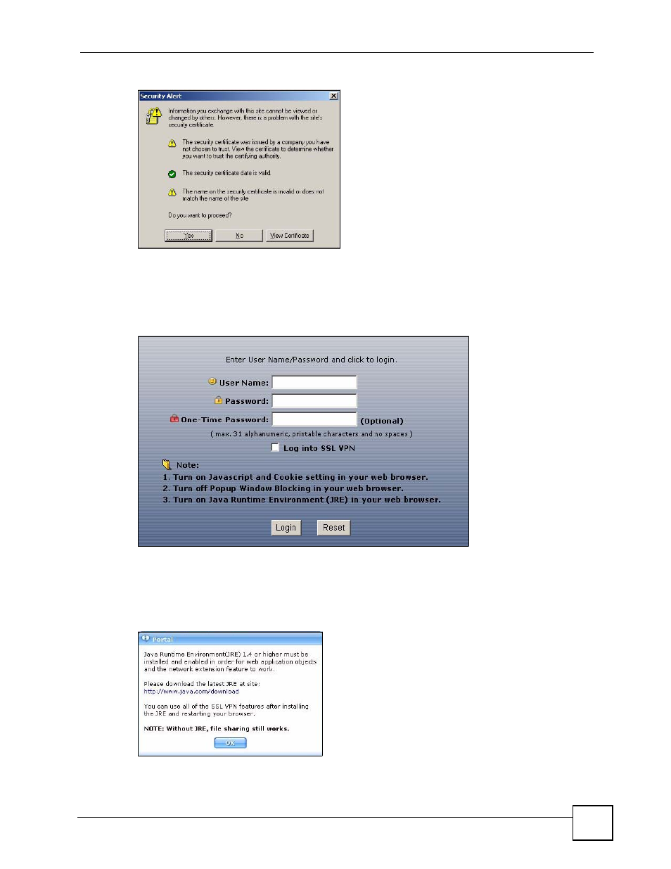 Figure 277 login security screen, Figure 278 login screen, Figure 279 java needed message | ZyXEL Communications 200 Series User Manual | Page 397 / 902