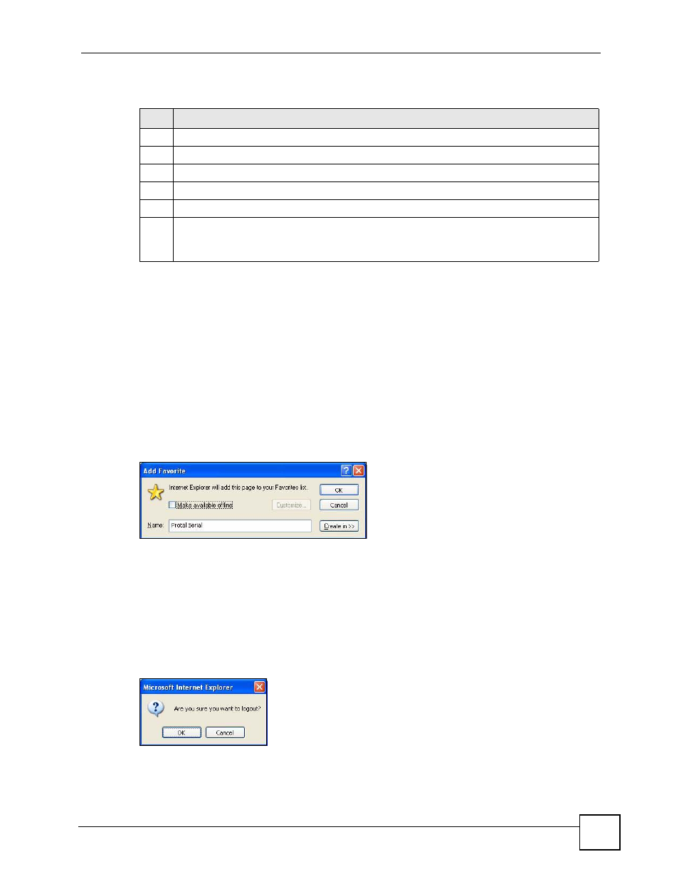4 bookmarking the zywall, 5 logging out of the ssl vpn user screens, Figure 282 add favorite | Figure 283 logout: prompt, Table 130 remote user screen overview | ZyXEL Communications 200 Series User Manual | Page 399 / 902
