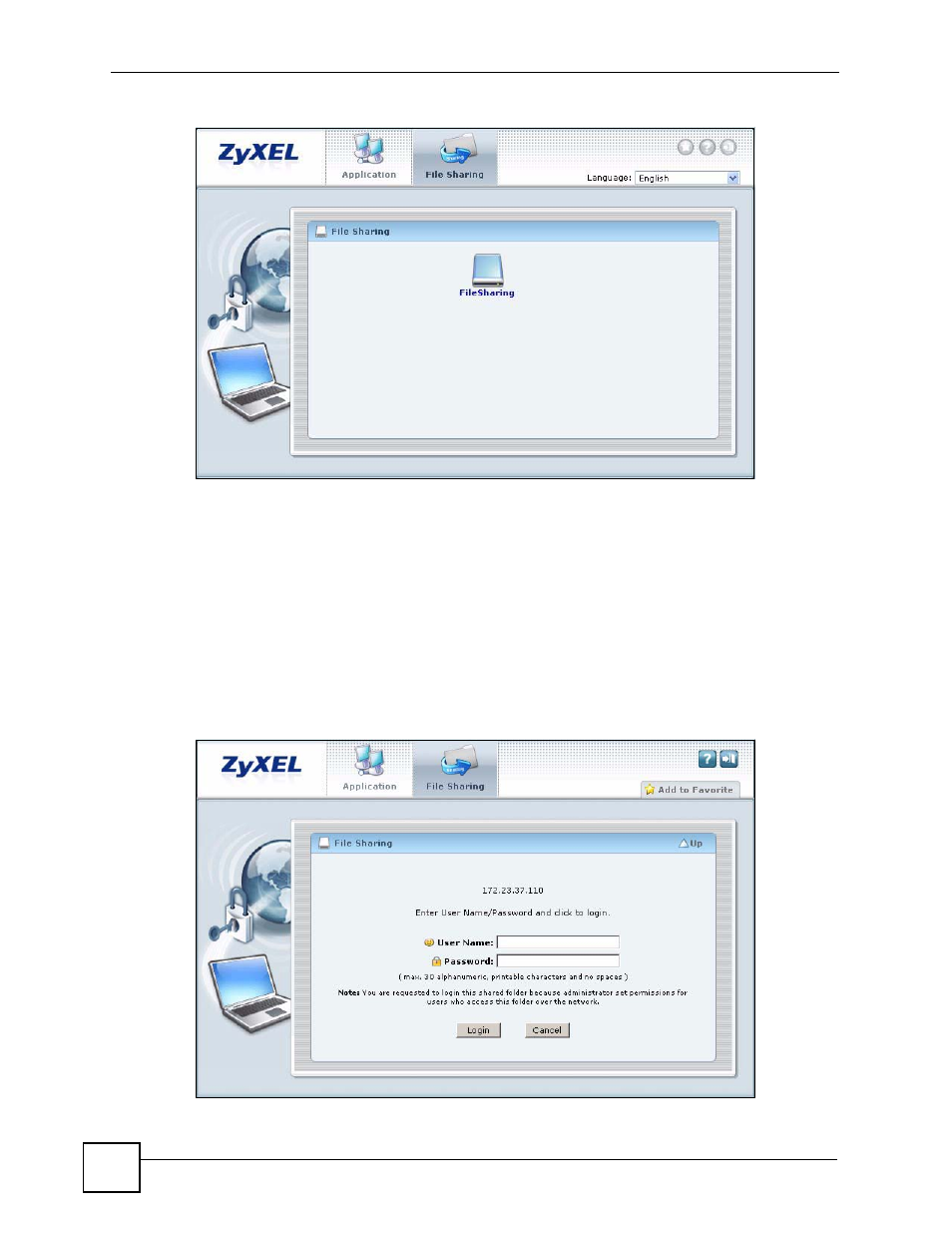 3 opening a file or folder, Figure 286 file sharing | ZyXEL Communications 200 Series User Manual | Page 404 / 902