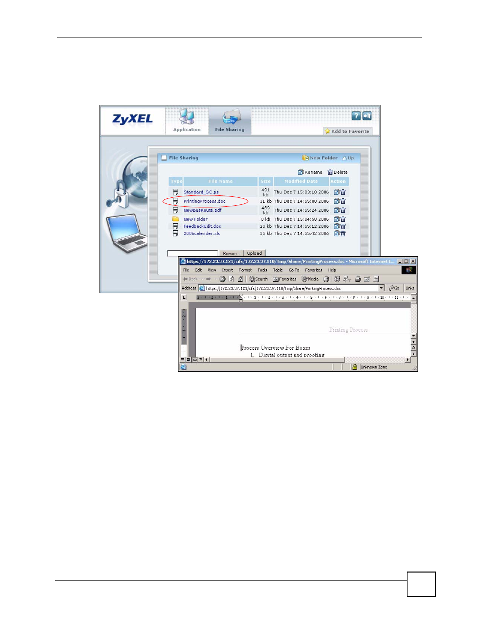 1 downloading a file, 2 saving a file, Figure 288 file sharing: open a word file | ZyXEL Communications 200 Series User Manual | Page 405 / 902
