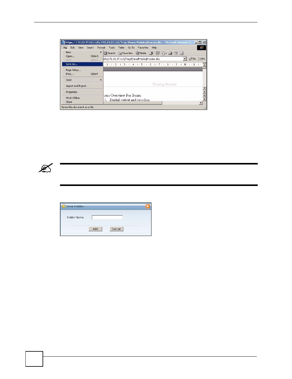 4 creating a new folder, 5 renaming a file or folder, Figure 289 file sharing: save a word file | Figure 290 file sharing: save a word file | ZyXEL Communications 200 Series User Manual | Page 406 / 902