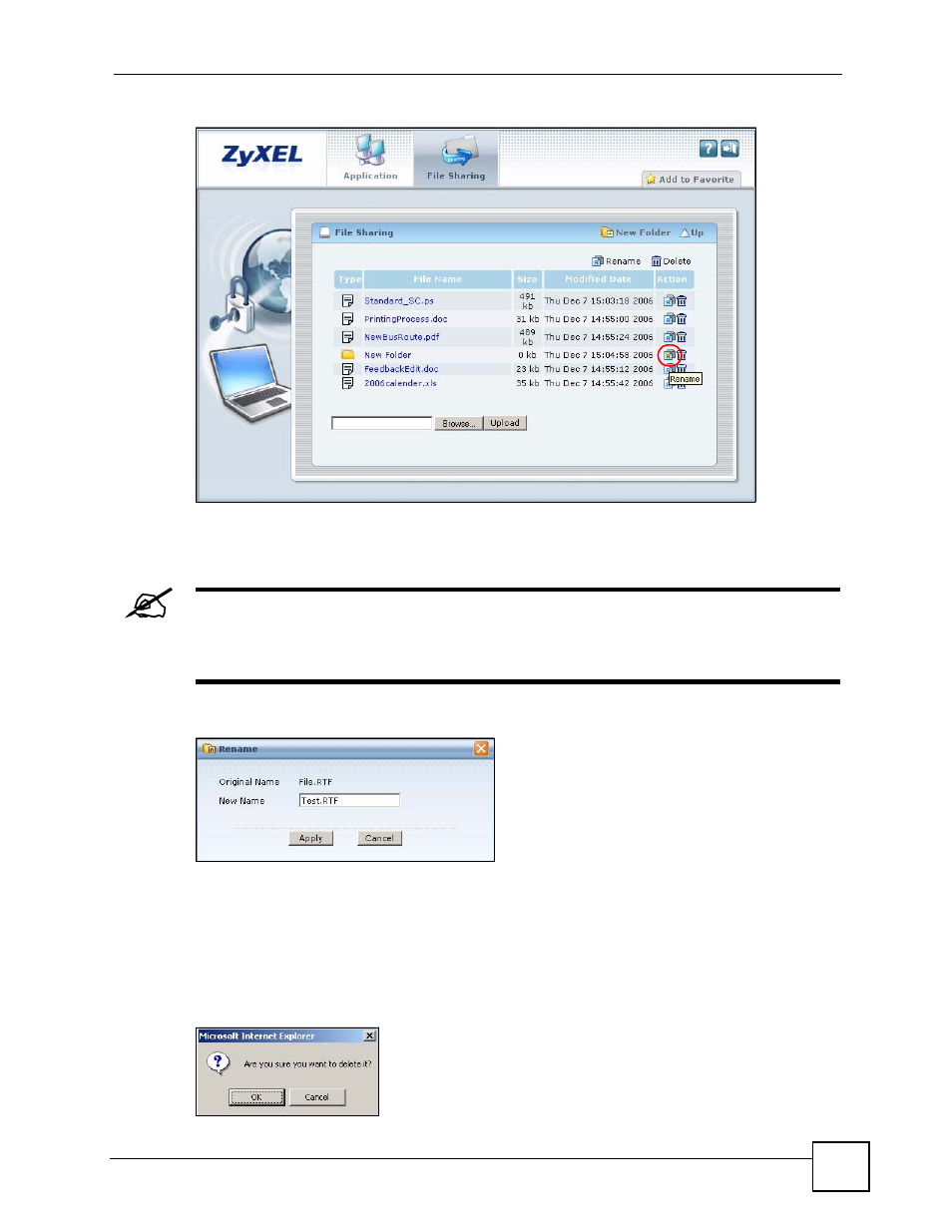 6 deleting a file or folder, Figure 291 file sharing: rename, Figure 292 file sharing: rename | Figure 293 file sharing: delete prompt | ZyXEL Communications 200 Series User Manual | Page 407 / 902