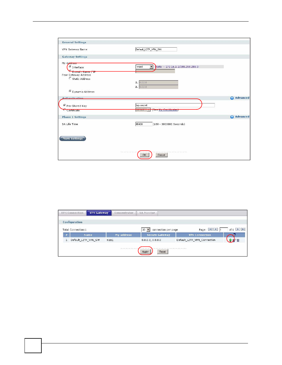 Figure 300 vpn > ipsec vpn > vpn gateway > edit, Figure 301 vpn > ipsec vpn > vpn gateway (enable) | ZyXEL Communications 200 Series User Manual | Page 416 / 902
