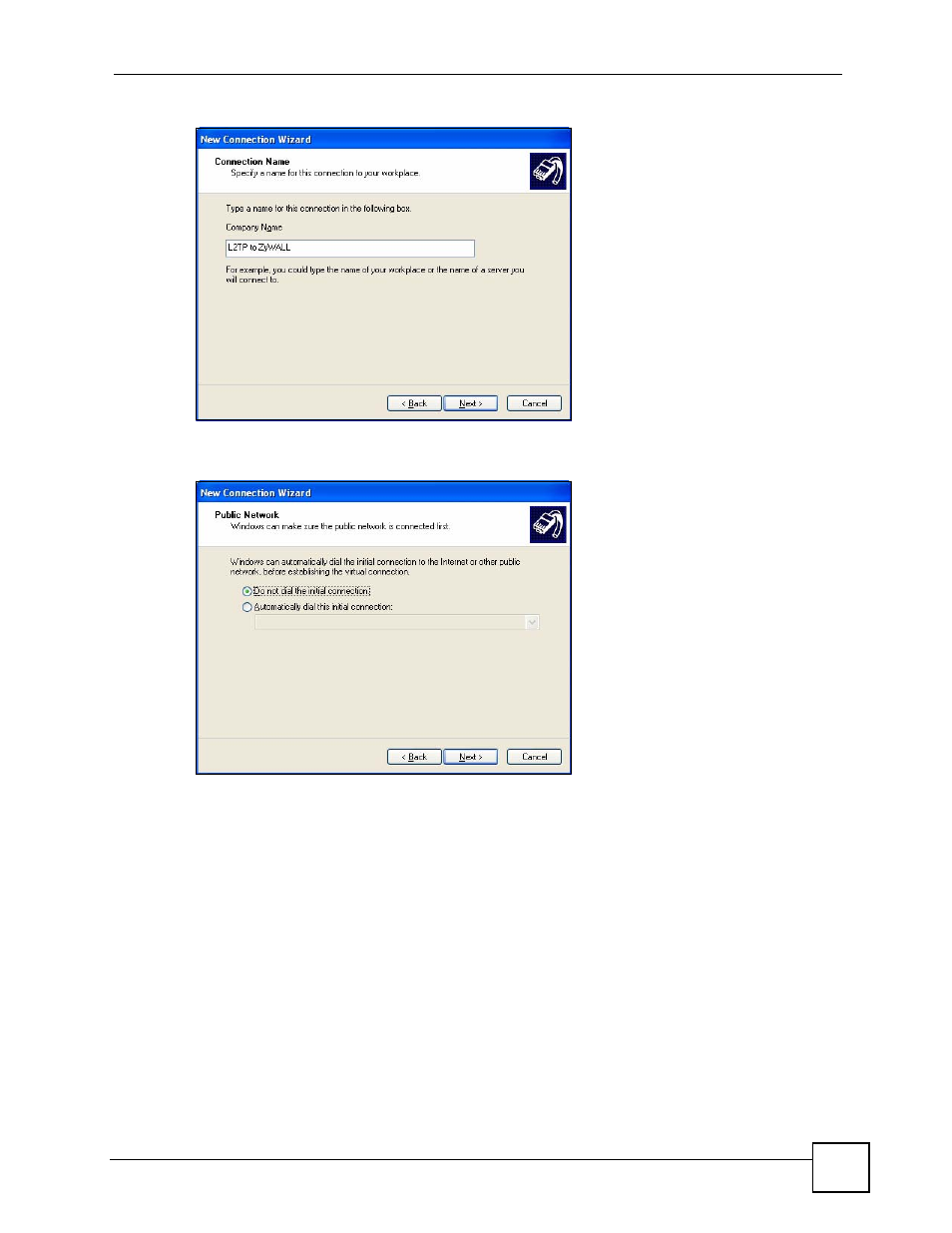 Figure 308 new connection wizard: connection name, Figure 309 new connection wizard: public network | ZyXEL Communications 200 Series User Manual | Page 421 / 902