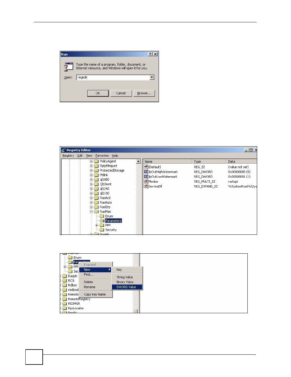 Figure 320 starting the registry editor, Figure 321 registry key, Figure 322 new dword value | ZyXEL Communications 200 Series User Manual | Page 426 / 902