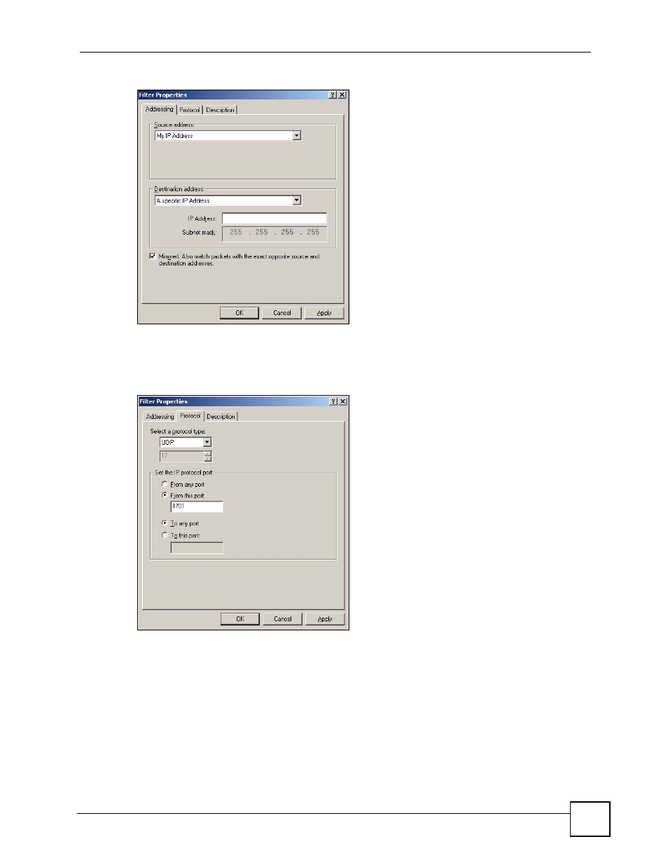 Figure 337 filter properties: addressing, Figure 338 filter properties: protocol | ZyXEL Communications 200 Series User Manual | Page 433 / 902
