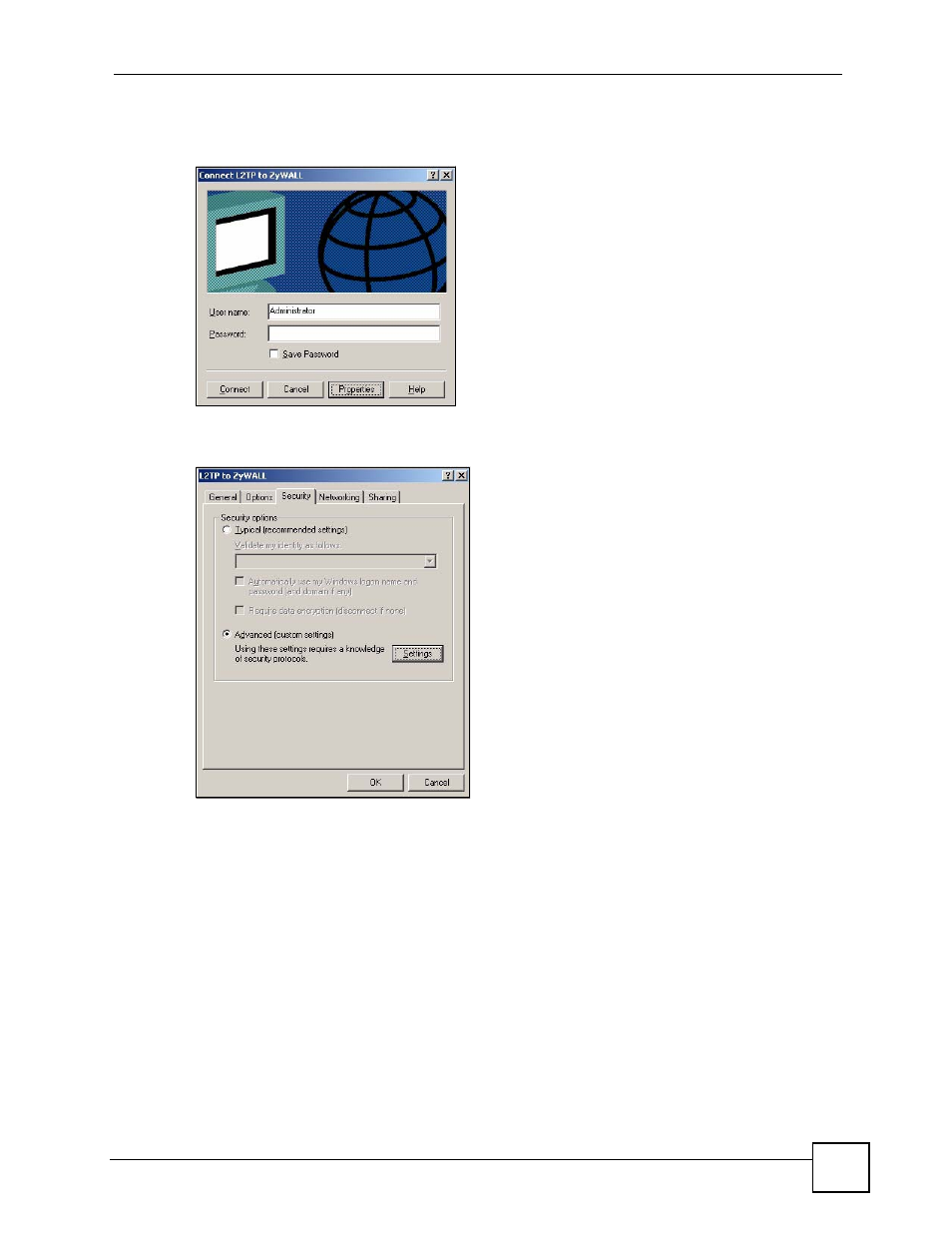 Figure 347 connect l2tp to zywall, Figure 348 connect l2tp to zywall: security | ZyXEL Communications 200 Series User Manual | Page 437 / 902