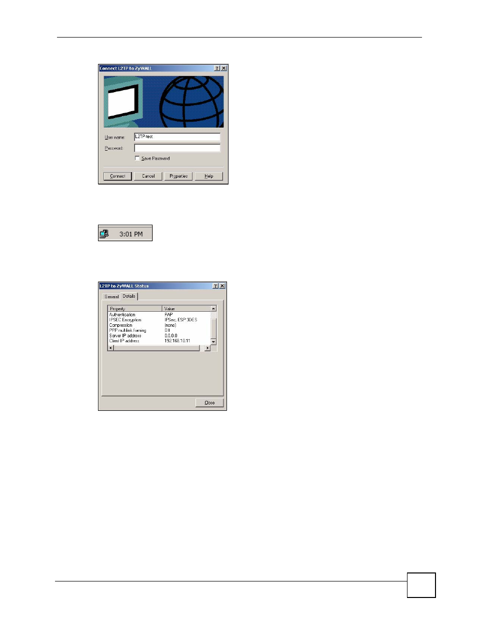 Figure 351 connect l2tp to zywall, Figure 352 zywall-l2tp system tray icon, Figure 353 l2tp to zywall status: details | ZyXEL Communications 200 Series User Manual | Page 439 / 902