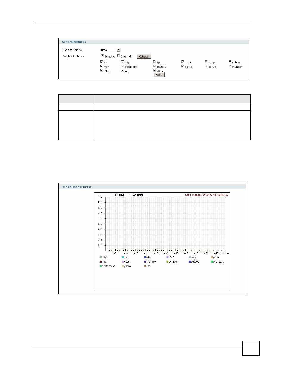 Figure 368 apppatrol > statistics: general setup, Table 143 apppatrol > statistics: general setup | ZyXEL Communications 200 Series User Manual | Page 463 / 902