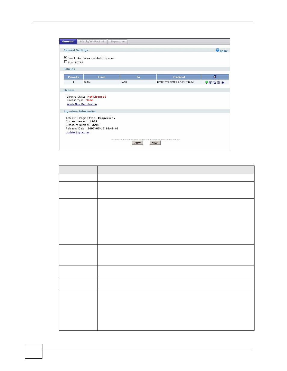 Figure 372 anti-x > anti-virus > general, Table 145 anti-x > anti-virus > general | ZyXEL Communications 200 Series User Manual | Page 472 / 902