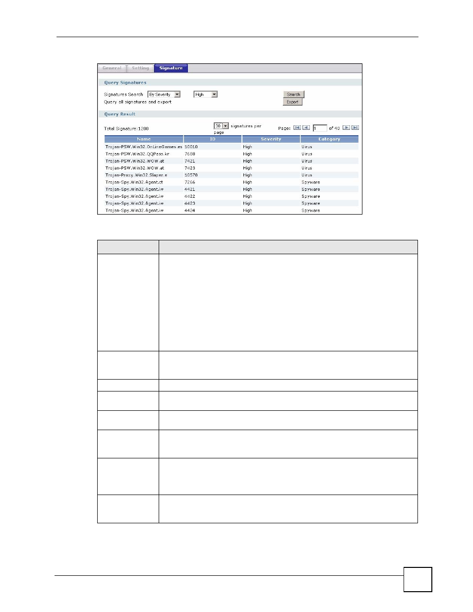 Table 150 anti-x > anti-virus > signature | ZyXEL Communications 200 Series User Manual | Page 479 / 902
