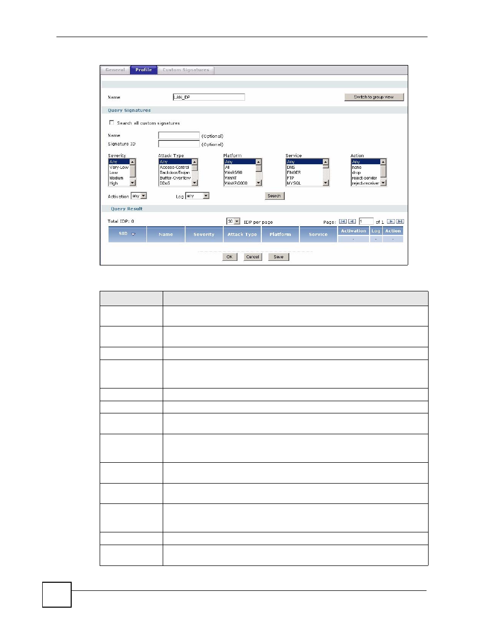 Figure 384 anti-x > idp > profile: query view, Table 159 anti-x > idp > profile: query view | ZyXEL Communications 200 Series User Manual | Page 496 / 902