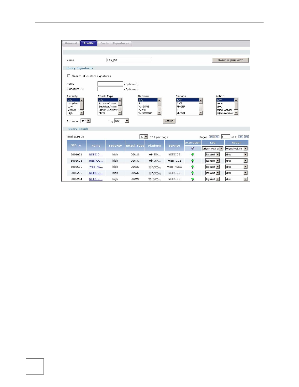 7 introducing idp custom signatures, 1 ip packet header, Figure 386 query example search results | ZyXEL Communications 200 Series User Manual | Page 498 / 902