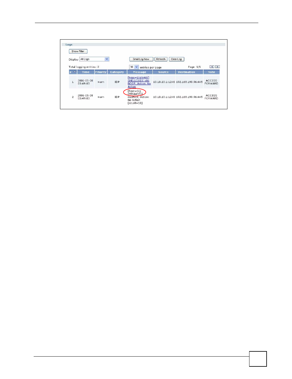 9 idp technical reference, Figure 395 custom signature log | ZyXEL Communications 200 Series User Manual | Page 509 / 902