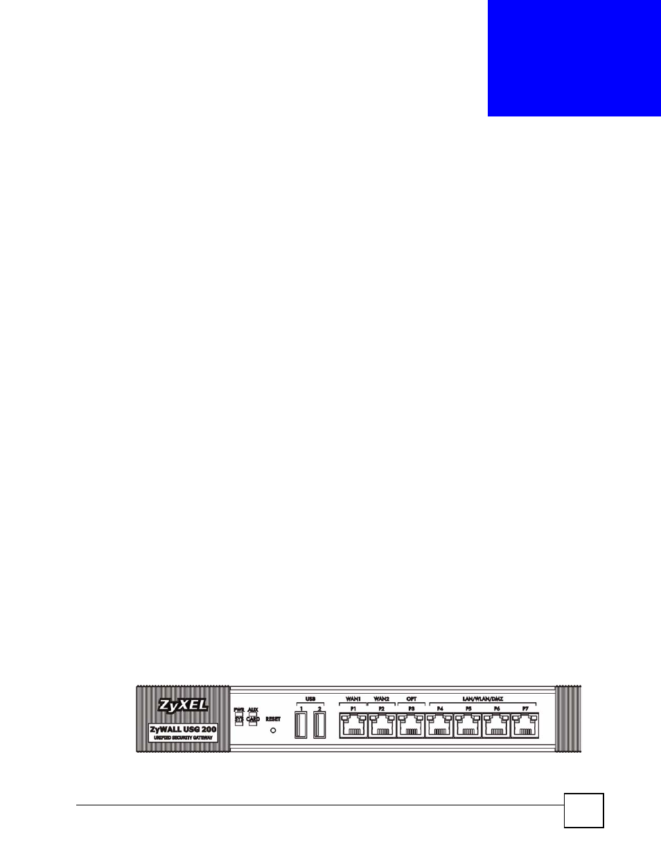Introducing the zywall, 1 overview and key default settings, 2 front panel leds | Chapter 1 introducing the zywall, Figure 1 zywall usg 200 front panel, Introducing the zywall (53) | ZyXEL Communications 200 Series User Manual | Page 53 / 902