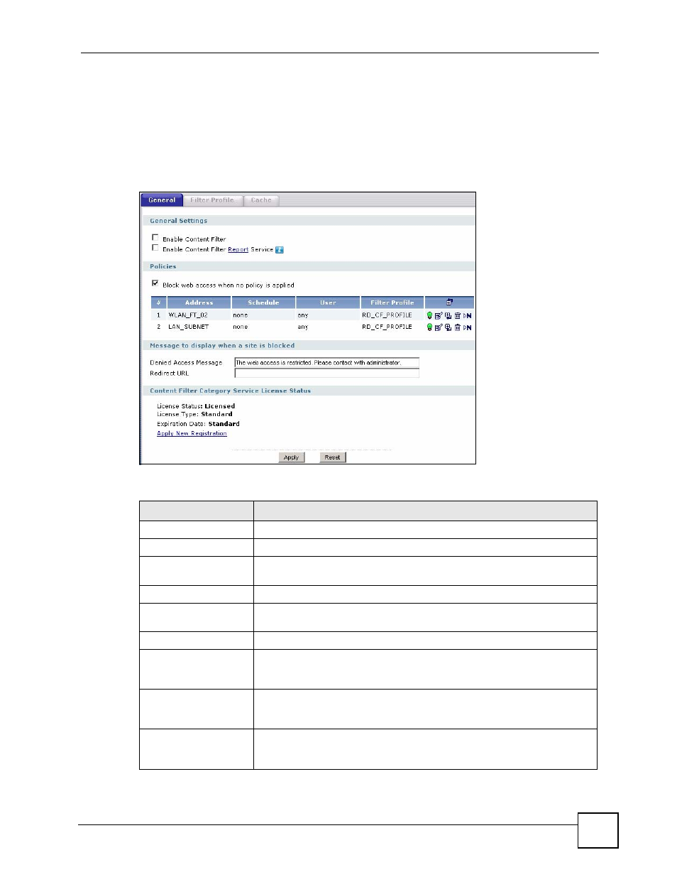 2 content filter general screen, Figure 405 anti-x > content filter > general, Table 171 anti-x > content filter > general | ZyXEL Communications 200 Series User Manual | Page 533 / 902