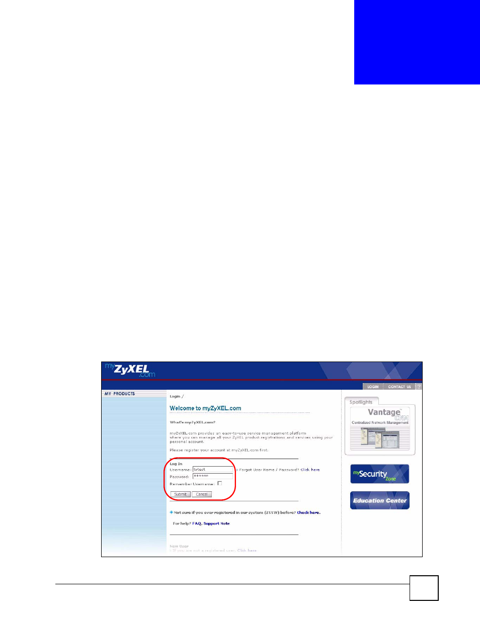 Content filter reports, 1 overview, 2 viewing content filter reports | Chapter 32 content filter reports, Figure 412 myzyxel.com: login, Content filter reports (551), Chapter 32 | ZyXEL Communications 200 Series User Manual | Page 551 / 902