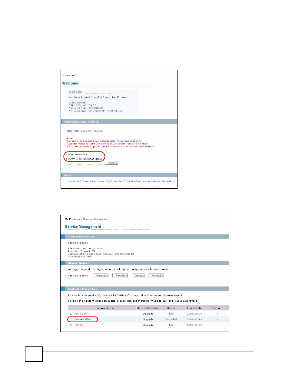 Figure 413 myzyxel.com: welcome, Figure 414 myzyxel.com: service management | ZyXEL Communications 200 Series User Manual | Page 552 / 902