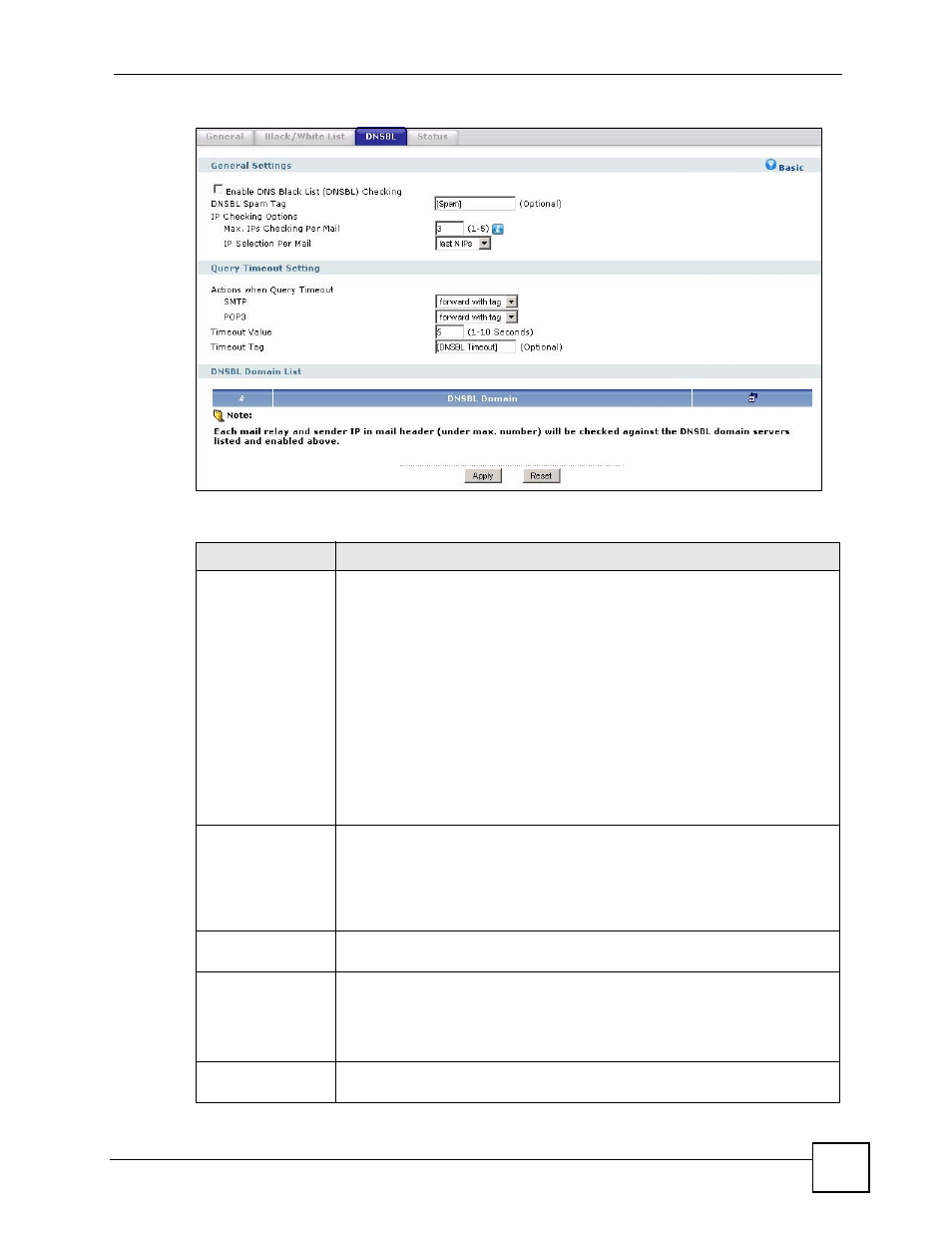 Figure 427 anti-x > anti-spam > dnsbl, Table 182 anti-x > anti-spam > dnsbl | ZyXEL Communications 200 Series User Manual | Page 569 / 902