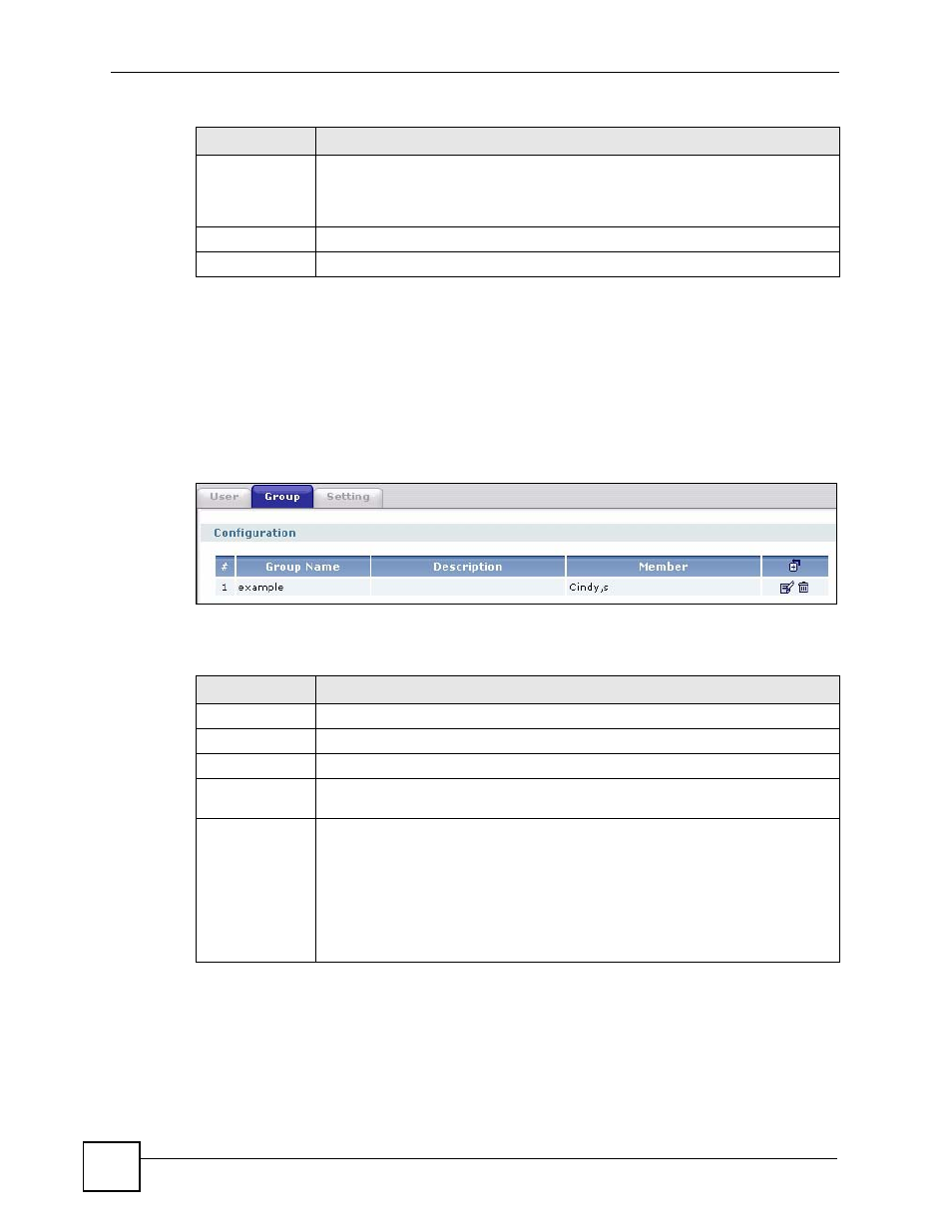 3 user group summary screen, 1 group add/edit screen, Figure 443 object > user/group > group | Table 194 object > user/group > group | ZyXEL Communications 200 Series User Manual | Page 598 / 902