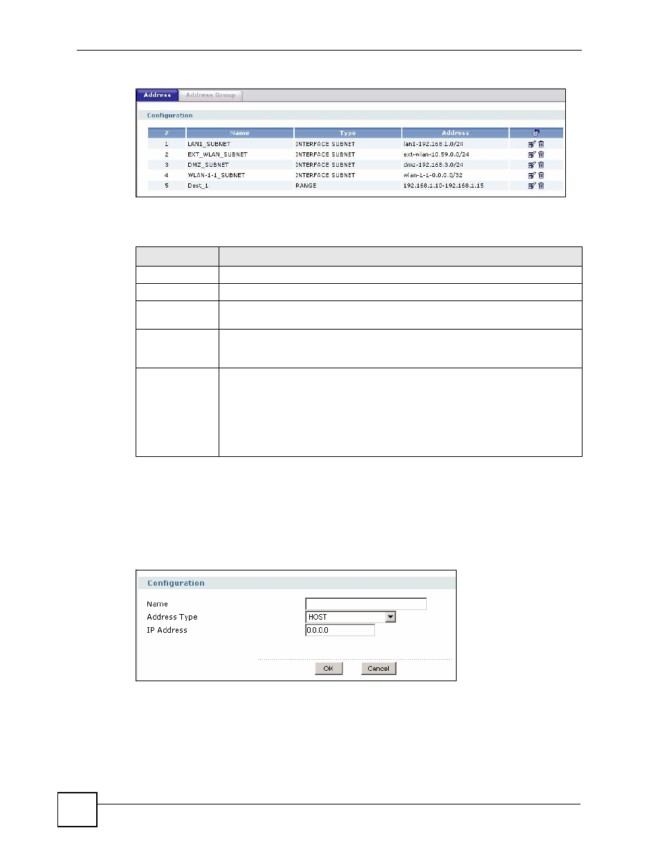 1 address add/edit screen, Figure 450 object > address > address, Figure 451 object > address > address > edit | Table 200 object > address > address | ZyXEL Communications 200 Series User Manual | Page 608 / 902
