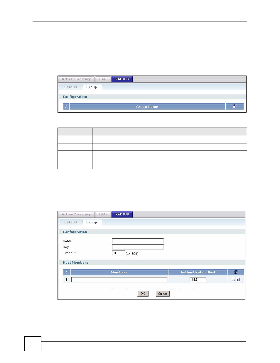5 configuring a group of radius servers, 1 adding a radius server member, Figure 468 object > aaa server > radius > group | Table 215 object > aaa server > radius > group | ZyXEL Communications 200 Series User Manual | Page 632 / 902