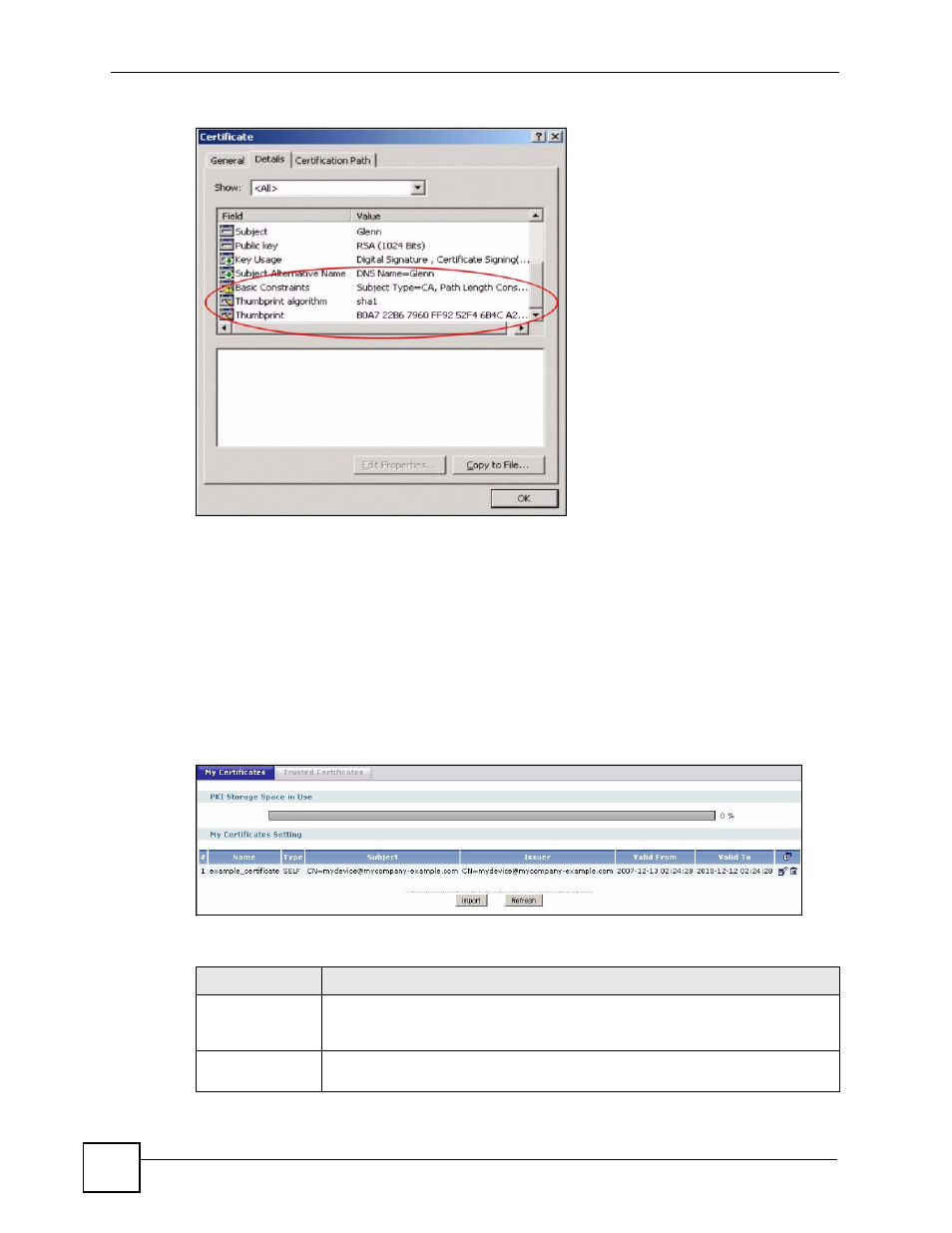 2 the my certificates screen, Figure 474 certificate details, Figure 475 object > certificate > my certificates | Table 219 object > certificate > my certificates | ZyXEL Communications 200 Series User Manual | Page 642 / 902