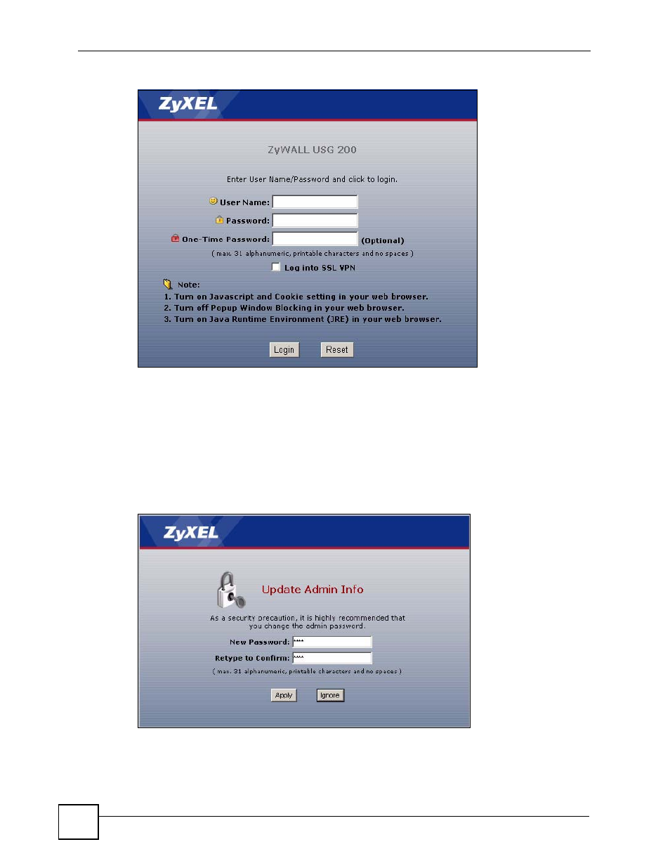 Figure 10 login screen, Figure 11 update admin info screen | ZyXEL Communications 200 Series User Manual | Page 66 / 902
