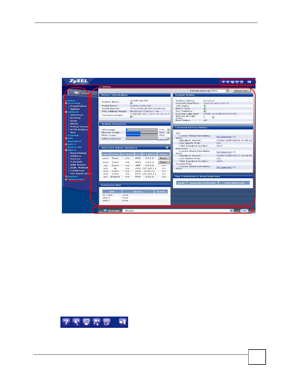 3 web configurator main screen, 1 title bar, Figure 12 main screen | Figure, Ac d b | ZyXEL Communications 200 Series User Manual | Page 67 / 902