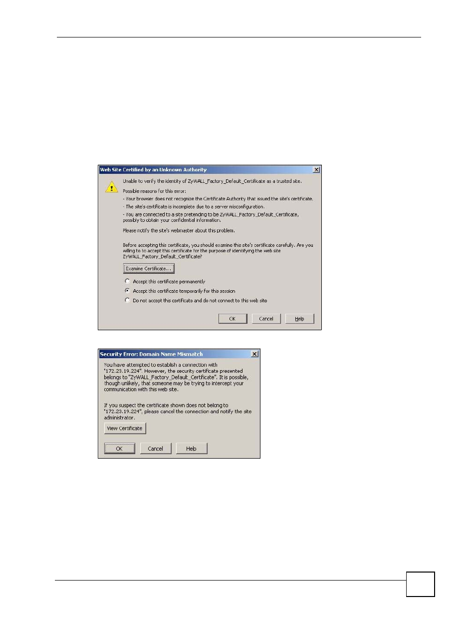 Figure 500 security certificate 1 (netscape), Figure 501 security certificate 2 (netscape) | ZyXEL Communications 200 Series User Manual | Page 683 / 902