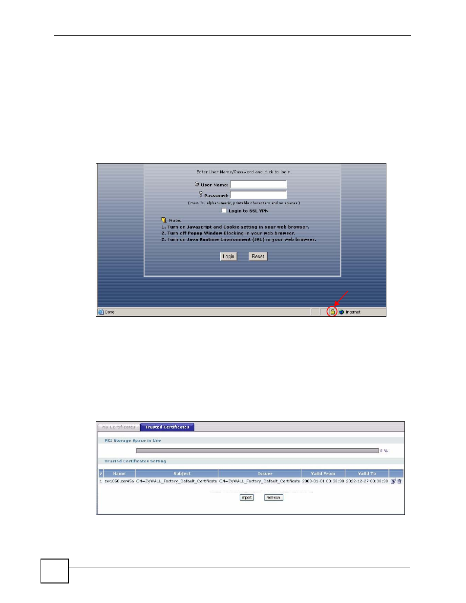 Figure 502 login screen (internet explorer), Figure 503 zywall trusted ca screen | ZyXEL Communications 200 Series User Manual | Page 684 / 902