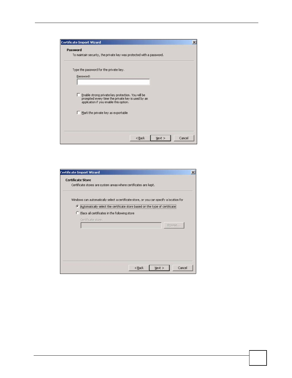 Figure 507 personal certificate import wizard 3, Figure 508 personal certificate import wizard 4 | ZyXEL Communications 200 Series User Manual | Page 687 / 902