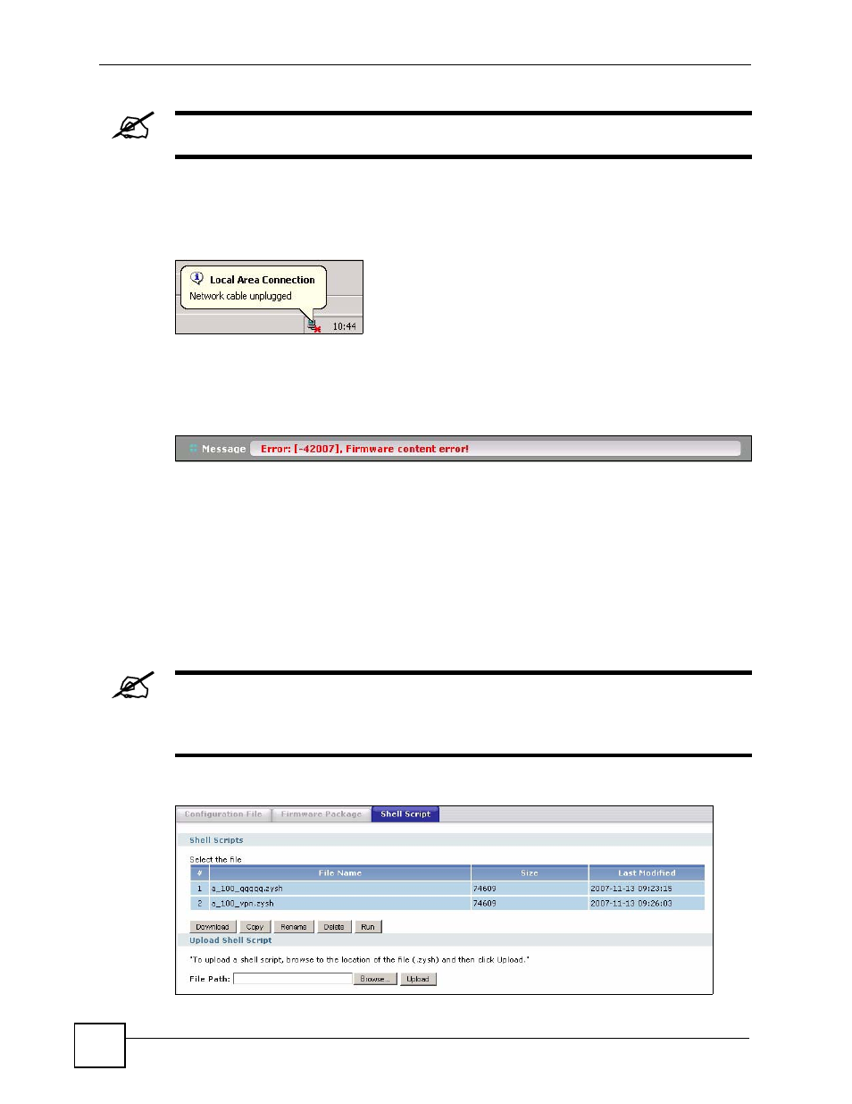 4 the shell script screen, Figure 533 network temporarily disconnected, Figure 534 firmware upload error | ZyXEL Communications 200 Series User Manual | Page 712 / 902